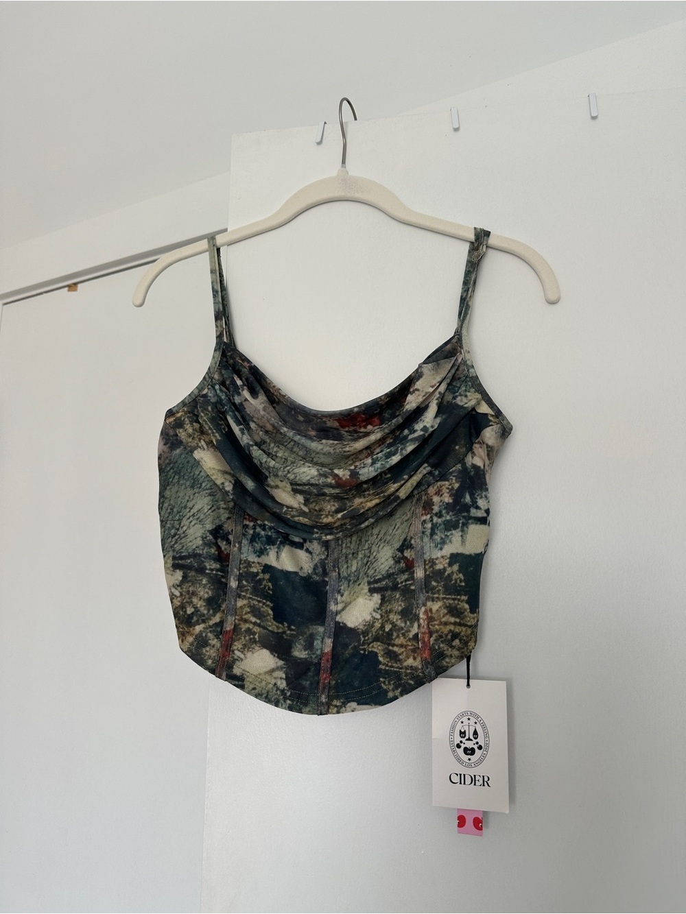 Cider Draped Camisole Tank Top in Green, Cream, Black and Brown Print